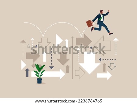 Businessman jumping on uncertainty random direction arrows. Overcome uncertainty, determination to achieve success. Flat modern vector illustration.