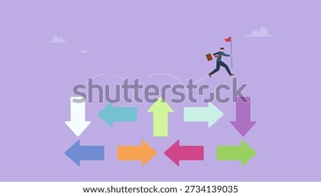 Businessman jumping on uncertainty random direction arrows. Overcome uncertainty, make decision or determination to achieve success, adversity or courage to solve problem or difficulty.