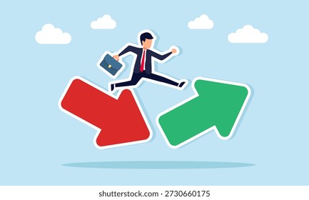 Hombre de negocios saltando de una flecha a otro símbolo de motivación para ejecutar proyectos empresariales y aumentar los ingresos