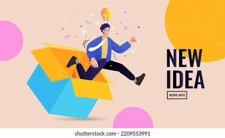 Businessman Jumping Out Of The Box. Man Jumping From Carton Towards New Idea In Form Of Glowing Light Bulb. Freedom, Break Free From Prison Of Thinking. Psychology Or Mental Therapy. Illustration