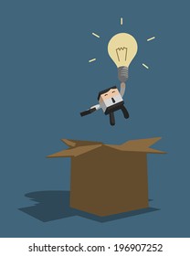 Businessman jumping out of the box, Thinking outside the box concept, White shirt with black necktie, Flat cartoon vector EPS10