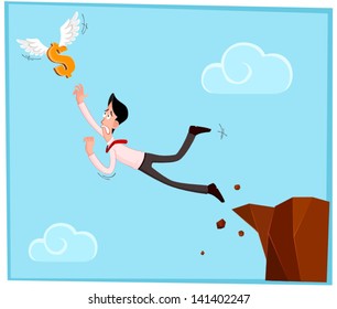 businessman jumping out from the cliff chasing a dollar
