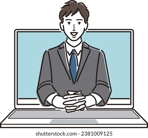 Businessman jumping out of his computer to talk
