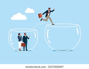 Businessman jumping outside the aquarium into bigger one. New idea, change, trend. Dream big. Flat vector illustration