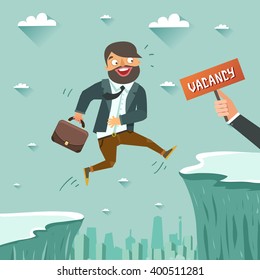 Businessman jumping over the abyss or cliff to the new job, worker moving to the new office. A hand holding Vacancy announcement. 
