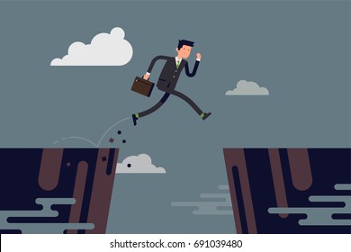 Businessman jumping over abyss. Cool vector concept illustration on overcoming obstacles in career or business with running business man in formal suit jumping over abstract precipice