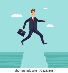 Businessman jumping over the abyss. Flat design vector illustration.
