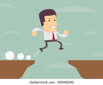 Businessman is jumping over the abyss. Stock vector illustration