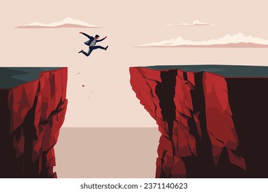 Businessman jumping over the abyss. Vector illustration