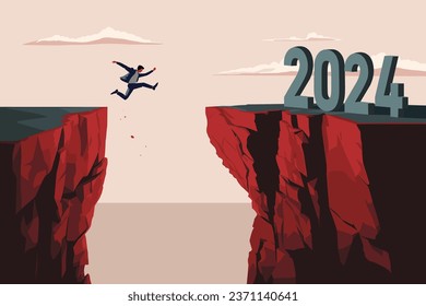 Businessman jumping over the abyss. Vector illustration