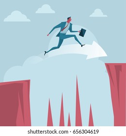 Businessman jumping over between the cliffs. metaphor or symbol of overcoming adversity in strategy and finding leadership solutions corporate of success. Vector Illustration flat style.