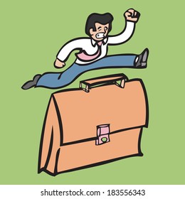 Businessman jumping over big suitcase