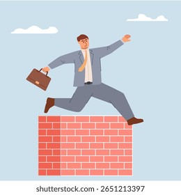 Businessman jumping over brick wall.Solution solving business problem.Vector illustration.