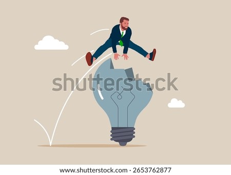 Businessman jumping over broken light bulb show problem solution. Worker employee overcome barrier solve trouble. Fail to success, aspiration and effort to invent new innovation, learn from mistake