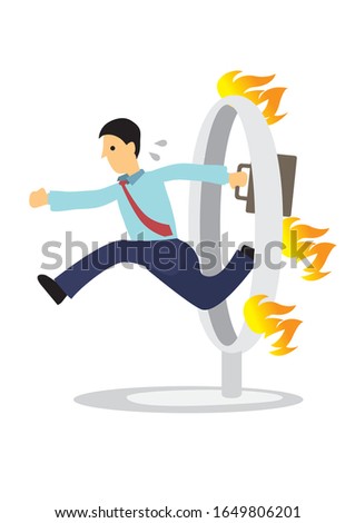 Businessman jumping over a burning fire. Vector cartoon illustration for concept on overcoming challenges.