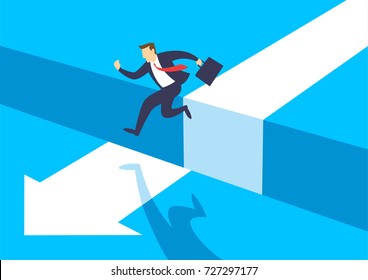 Businessman jumping over chasm, Gap on way to success, Business concept of challenge problem solving and overcoming obstacles, Flat design vector illustration