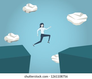 Businessman jumping over chasm vector concept. Symbol of business success, challenge, risk, courage. Eps10 vector illustration