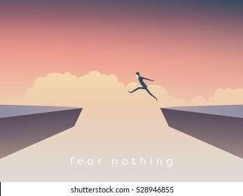 Businessman jumping over chasm vector concept. Symbol of business success, challenge, risk, courage. Eps10 vector illustration.