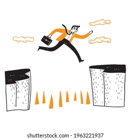 Businessman jumping over the cliff, creative business concept ideas about solving problems, obstacles, breakthroughs, solving business problems. Vector illustration isolated. Cartoon doodle style.