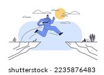 businessman jumping over cliff gap mountain business risk success challenge courage determination motivation