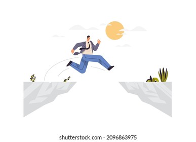 businessman jumping over cliff gap mountain business risk success challenge courage determination motivation