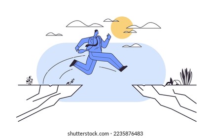 businessman jumping over cliff gap mountain business risk success challenge courage determination motivation