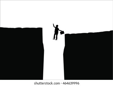 Businessman Jumping Over Cliff Gap Mountain Flat Retro Vector Illustration 