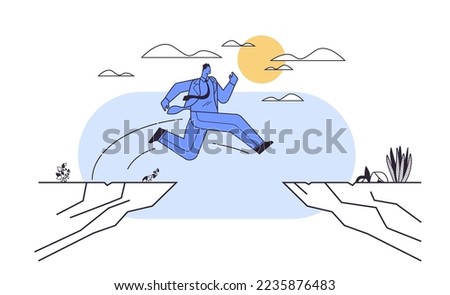 businessman jumping over cliff gap mountain business risk success challenge courage determination motivation