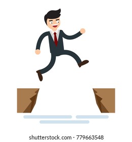 Businessman jumping over the cliff to goal. Businessman jump over the gap