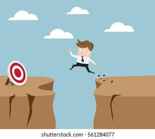 businessman jumping over cliff to target, business concept vector illustration