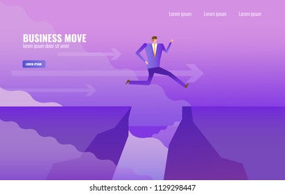 Businessman jumping over cliffs. Leadership and business risk concept. vector illustration