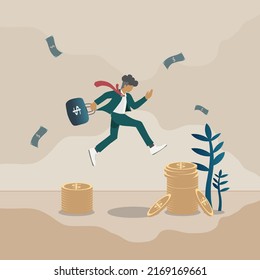 Businessman jumping over coin stack with money bag, financial element icon. Business investment concept vector.