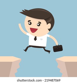 Businessman jumping over gap.