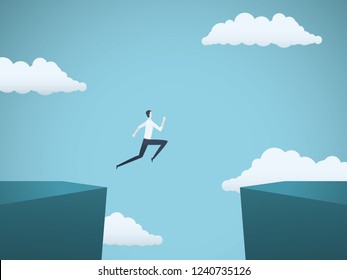 Businessman jumping over gap between cliffs vector concept. Symbol of business risk, success, motivation, ambition and challenge. Eps10 vector illustration.