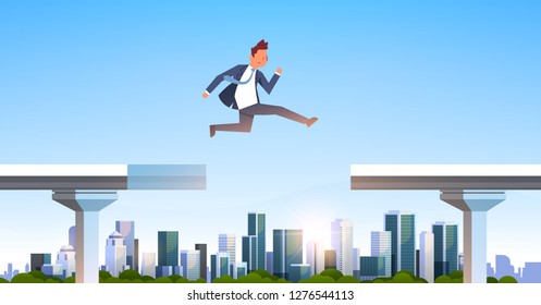 businessman jumping over gap broken bridge abyss business man leaping between two parts highway modern city skyscraper cityscape background flat horizontal