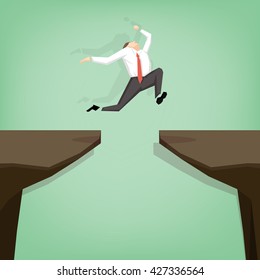 businessman jumping over gap. Flat cartoon design business concept illustration.