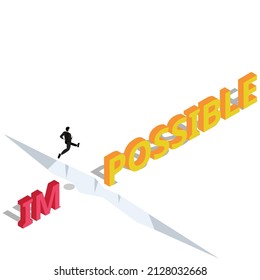Businessman jumping over a gap with Im Possible word isometric 3d vector concept for banner, website, illustration, landing page, flyer, etc.