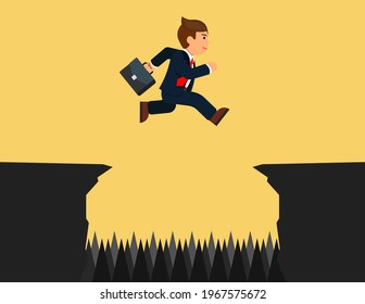 Businessman jumping over gap that full of spear and thorn. conquering obstacle challenge concept