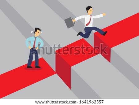 Businessman jumping over a giant gap. Another businessman are afraid of overcoming the problem. Vector cartoon illustration for concept on overcoming challenges.