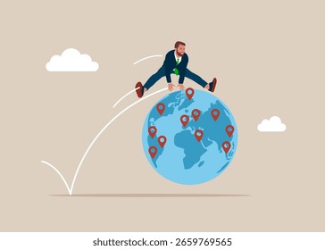 Empresário pulando sobre o globo. Funcionário do trabalhador superar a barreira para resolver problemas. Gerenciamento de riscos, coloque um novo pino no mapa mundial. Ilustração de vetor plano