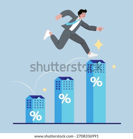 Businessman jumping over growing building bar charts with percentage signs. Real estate market growth and financial success concept. Corporate career progress illustration.