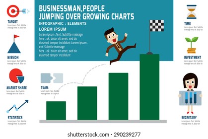 businessman jumping over growth graph stock ,presentation infographic elements.modern design flat icons. isolated on white background.graphic vector illustration.investment business concept.