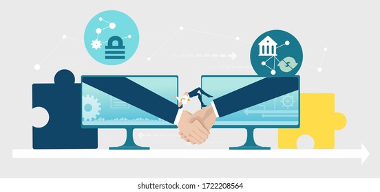 Businessman jumping over the handshake. Social network communication in the global computer networks, business concept illustration