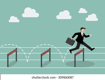 Businessman Jumping Over Hurdle. Business Concept