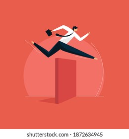 Businessman jumping over hurdle concept