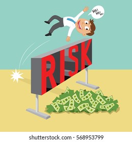 Businessman jumping over a hurdle obstacle with word risk, vector illustration cartoon