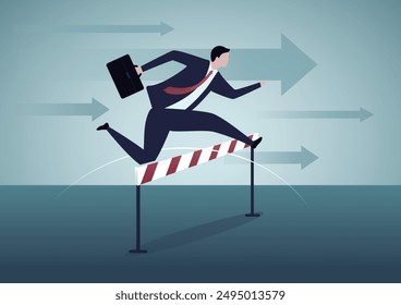 Businessman jumping over hurdle race obstacle