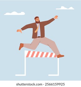 Businessman jumping over hurdle.Businessman jumping over hurdle.Overcome obstacles.Motivation to solve problem. Solution solving business problem.Business challenge.Vector illustration.