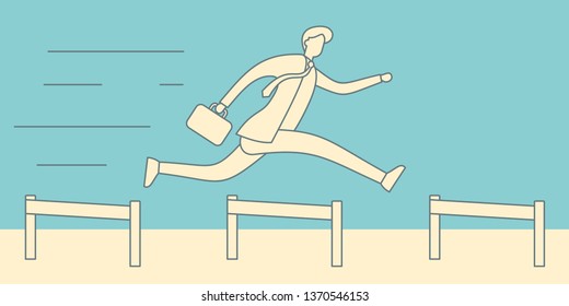 Businessman jumping over hurdles vector linear concept. Business challenge, successful overcoming illustration.  