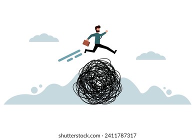 businessman jumping over messy problems. The concept of not being afraid of problems and taking yourself to overcome them. Overcoming obstacles to reach success. Vector illustration flat design style